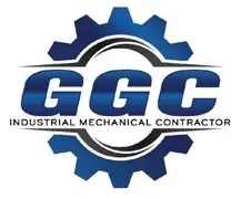 A blue and white logo of ggc industrial mechanical contractors