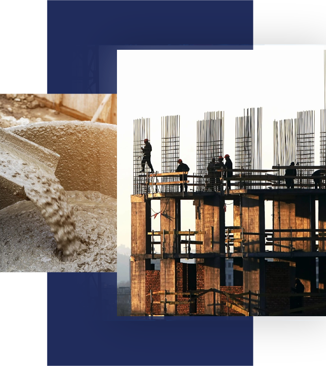 A collage of construction materials and people on a bridge.